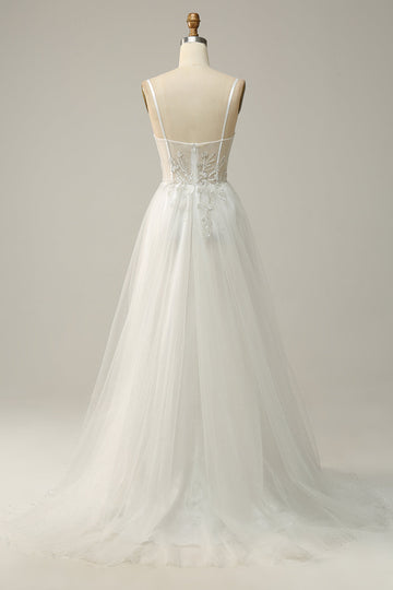 A Line Spaghetti Straps White Long Ball Dress with Appliques